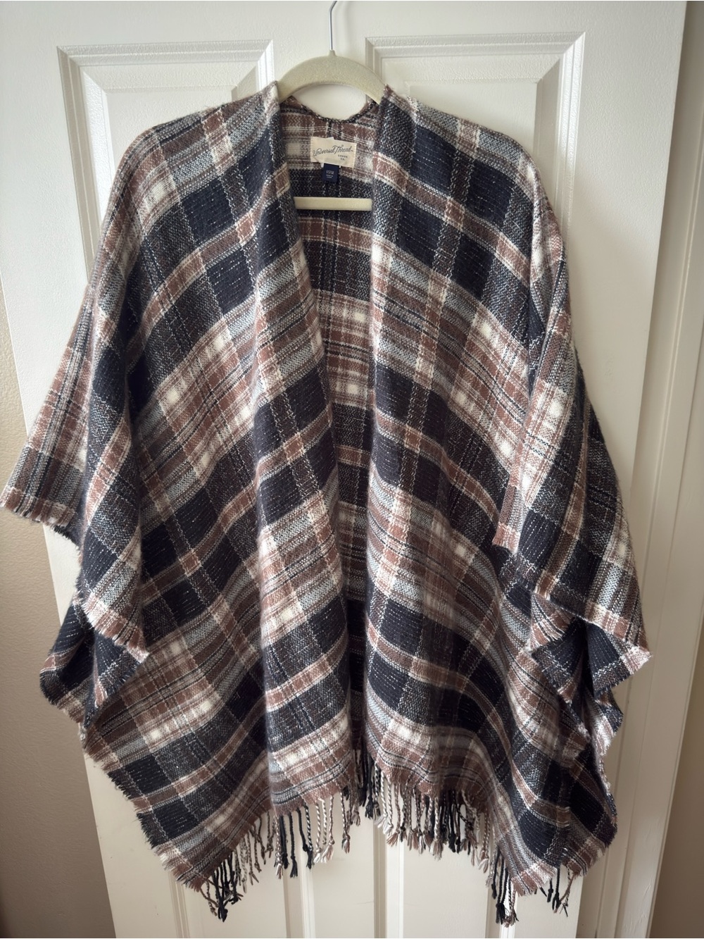 Universal Thread Plaid Fringe Poncho Wrap in Black Brown & Cream